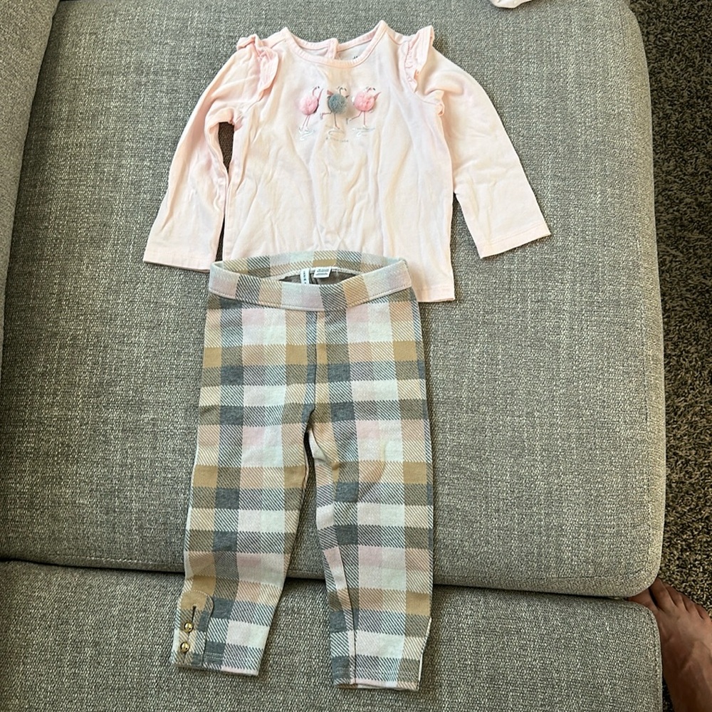 Janie & Jack TARTAN BUTTON CUFF JACQUARD PANT with ICE SKATING FLAMINGO TEE